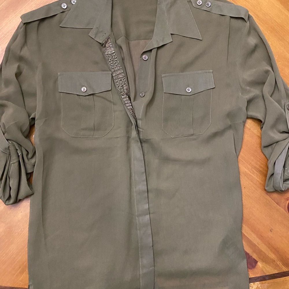 Bebe Olive Green Military Style shirt with beaded details